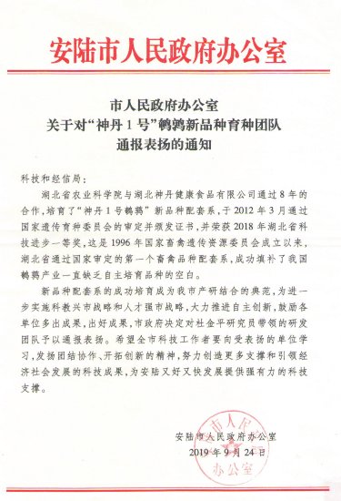 首届鹌鹑产业发展大会召开，“神丹1号”科研团队获安陆市政府嘉奖